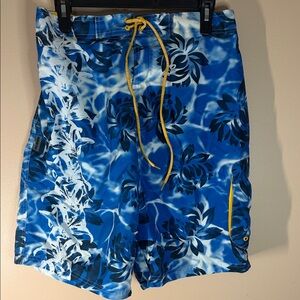 Joe Boxer Blue Floral Swim Board Shorts with Yellow Drawstring